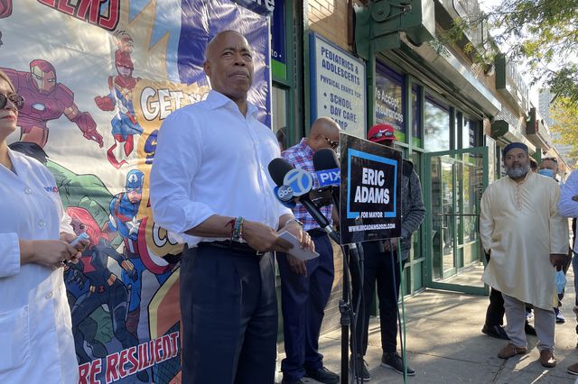 Eric Adams speaking to reporters last week in front of a Bronx health clinic.